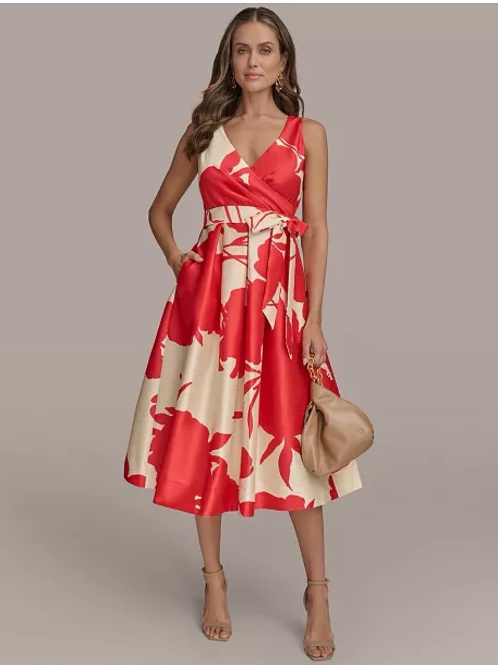 Donna Karan Red and Cream Floral Wrap Midi Dress with Tie Waist